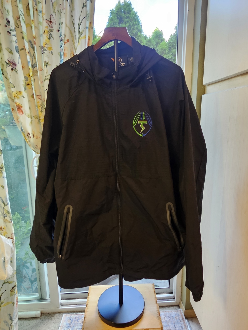 Men's Black Hooded Windbreaker with Neon Green Logo